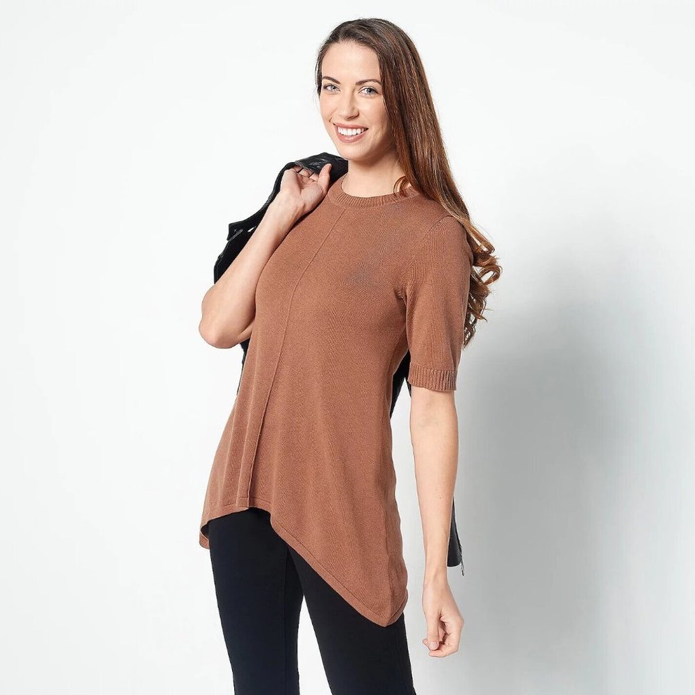 Isaac Mizrahi Live! Crewneck Cascade Hem Pullover Sweater Chestnut Size L NWT